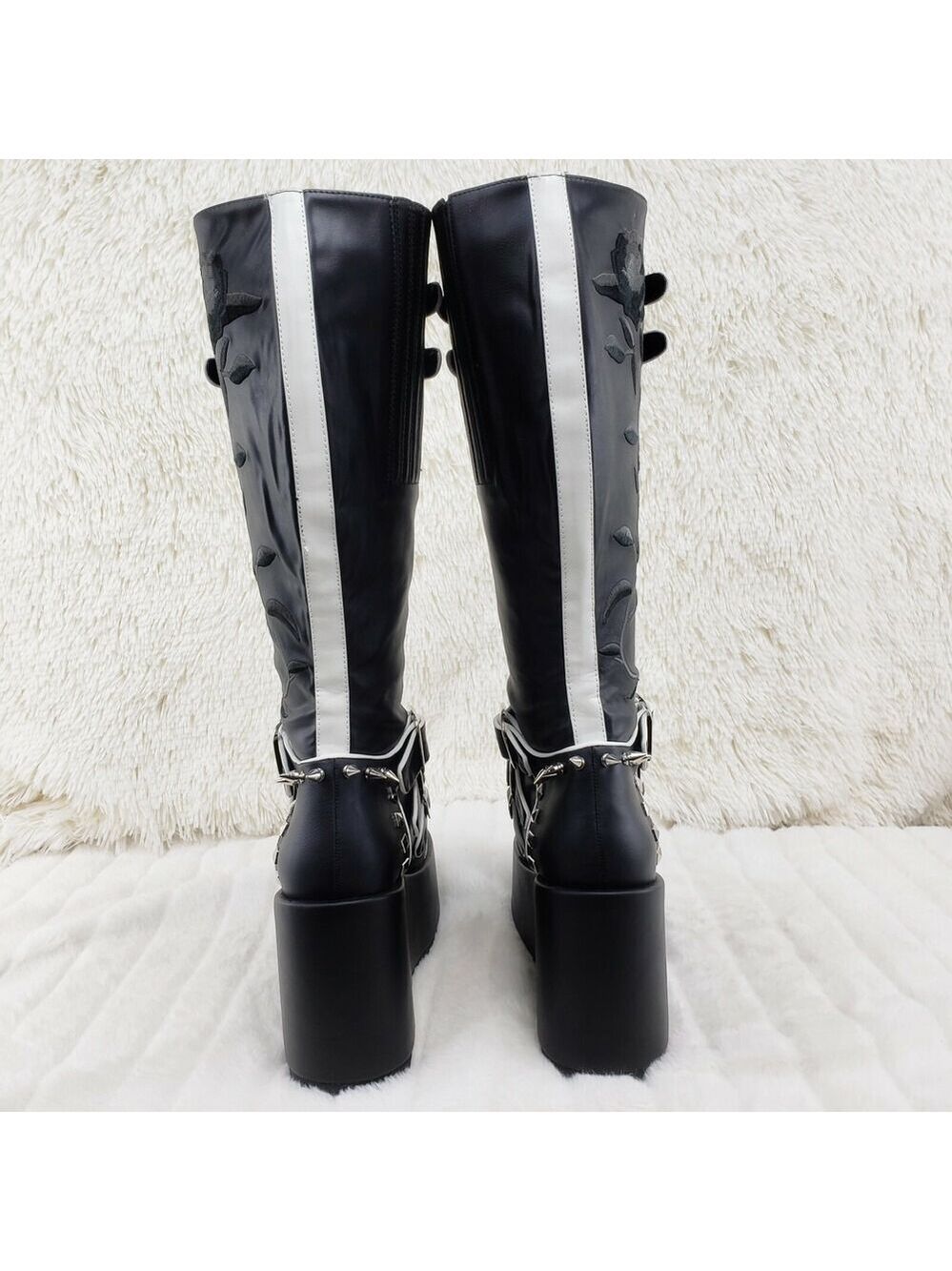 NIB DEMONIA Concord Black Platform Rose Goth Studded Knee Boots 4" Wedge - Picture 6 of 12
